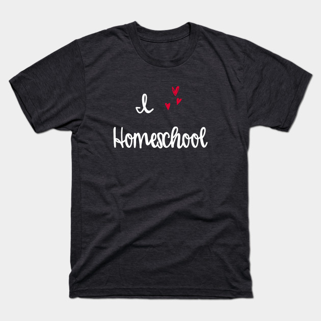 I love homeschool (3 hearts, white text) t-shirts, mugs, stickers